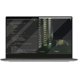 Laptop with split screen, code on left side, robot on right side.