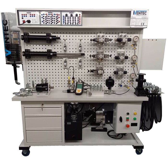Hydraulic double-sided test bench with variable displacement pump and a set of control and measurement devices, used for education and training, produced by Iventec